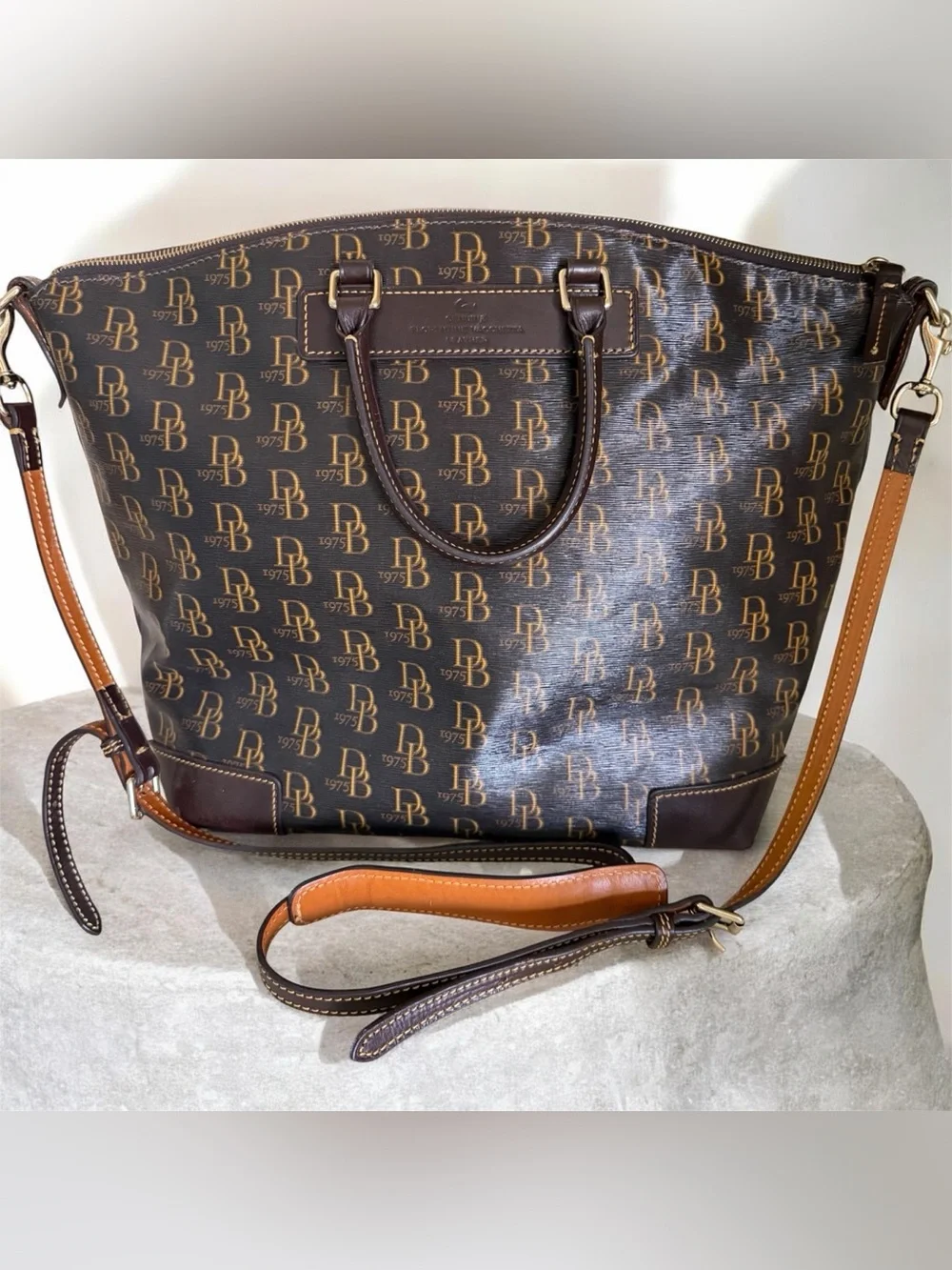 Dooney & Bourke 1975 Monogram Crossbody Satchel Florentine Vachetta Leather Bag